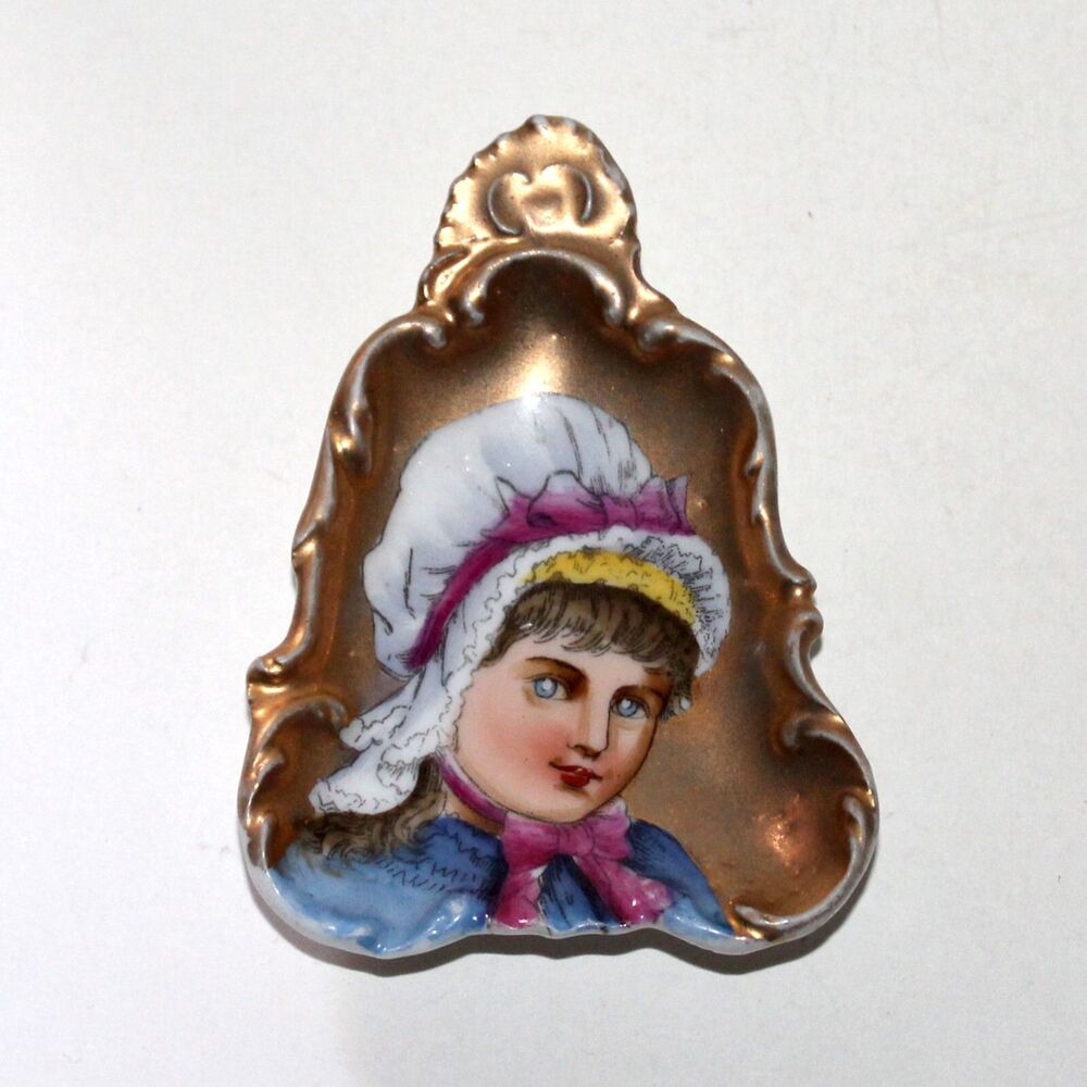 Antique Butter Pat Dish hand painted portrait Victorian porcelain gold